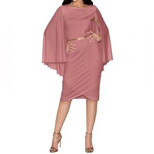 Koh Koh Cape Sleeve Tulip Hem Dress in Cinnamon Rose Pink